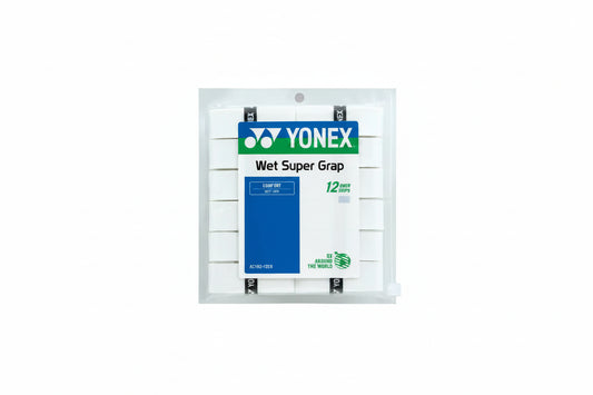 Yonex Wet Super Grap 12 over grip tape in a clear plastic packaging with a white and blue label, shown against a plain white background.